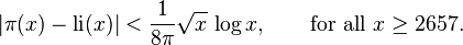 |\pi (x)-\operatorname {li} (x)|<{\frac {1}{8\pi }}{\sqrt {x}}\,\log {x},\qquad {\text{for all }}x\geq 2657.