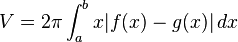 V = 2\pi \int_a^b x\vert f(x) - g(x)\vert\,dx