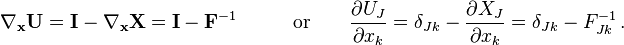 
\begin{align}
\nabla_{\mathbf x}\mathbf U &= \mathbf I - \nabla_{\mathbf x}\mathbf X = \mathbf I -\mathbf F^{-1} \qquad &\text{or}& \qquad  \frac{\partial U_J}{\partial x_k}  = \delta_{Jk}-\frac{\partial X_J}{\partial x_k} = \delta_{Jk} - F^{-1}_{Jk} \,.
\end{align}
