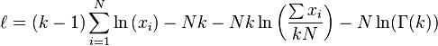 \ell = (k-1)\sum_{i=1}^N\ln{(x_i)} - Nk - Nk\ln{\left(\frac{\sum x_i}{kN}\right)} - N\ln(\Gamma(k))