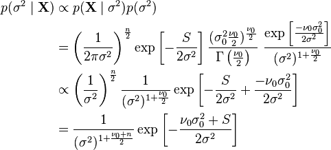 \begin{align}
p(\sigma^2\mid\mathbf{X}) &\propto p(\mathbf{X}\mid\sigma^2) p(\sigma^2) \\
&= \left(\frac{1}{2\pi\sigma^2}\right)^{\frac{n}{2}} \exp\left[-\frac{S}{2\sigma^2}\right] \frac{(\sigma_0^2\frac{\nu_0}{2})^{\frac{\nu_0}{2}}}{\Gamma\left(\frac{\nu_0}{2} \right)}~\frac{\exp\left[ \frac{-\nu_0 \sigma_0^2}{2 \sigma^2}\right]}{(\sigma^2)^{1+\frac{\nu_0}{2}}} \\
&\propto \left(\frac{1}{\sigma^2}\right)^{\frac{n}{2}} \frac{1}{(\sigma^2)^{1+\frac{\nu_0}{2}}} \exp\left[-\frac{S}{2\sigma^2} + \frac{-\nu_0 \sigma_0^2}{2 \sigma^2}\right] \\
&= \frac{1}{(\sigma^2)^{1+\frac{\nu_0+n}{2}}} \exp\left[-\frac{\nu_0 \sigma_0^2 + S}{2\sigma^2}\right]
\end{align}