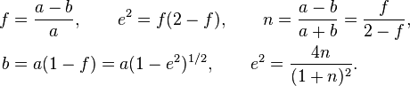 
\begin{align}
 f&=\frac{a-b}{a}, \qquad  e^2=f(2-f), \qquad n=\frac{a-b}{a+b}=\frac{f}{2-f},\\
b&=a(1-f)=a(1-e^2)^{1/2},\qquad  e^2=\frac{4n}{(1+n)^2}.
\end{align}
