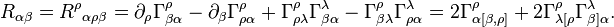 R_{\alpha \beta }={R^{\rho }}_{\alpha \rho \beta }=\partial _{\rho }{\Gamma _{\beta \alpha }^{\rho }}-\partial _{\beta }\Gamma _{\rho \alpha }^{\rho }+\Gamma _{\rho \lambda }^{\rho }\Gamma _{\beta \alpha }^{\lambda }-\Gamma _{\beta \lambda }^{\rho }\Gamma _{\rho \alpha }^{\lambda }=2\Gamma _{\alpha [\beta ,\rho ]}^{\rho }+2\Gamma _{\lambda [\rho }^{\rho }\Gamma _{\beta ]\alpha }^{\lambda }.