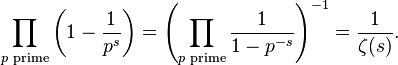 \prod_{p \text{ prime}} \left(1-\frac{1}{p^s}\right) = \left( \prod_{p \text{ prime}} \frac{1}{1-p^{-s}} \right)^{-1} = \frac{1}{\zeta(s)}. 