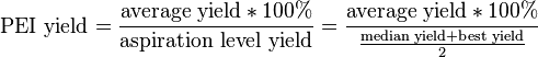 \text{PEI yield}=\frac{\text{average yield}*100%}{\text{aspiration level yield}}=\frac{\text{average yield}*100%}{\frac{\text{median yield}+\text{best yield}}{2}}