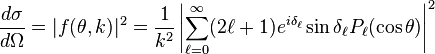 \frac{d\sigma}{d\Omega} = |f(\theta, k)|^2 = \frac{1}{k^2} \left| \sum_{\ell=0}^\infty (2\ell+1) e^{i\delta_\ell} \sin \delta_\ell P_\ell(\cos \theta) \right|^2