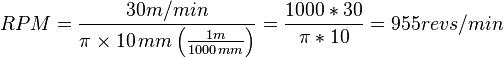 RPM = {30 m/min \over \pi \times 10 \, mm \left ( \frac{1 m}{1000 \, mm} \right )} = {1000*30 \over \pi*10} = 955 revs/min