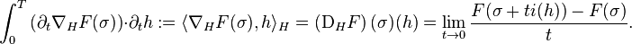 \int_0^T \left(\partial_t \nabla_H F(\sigma)\right) \cdot \partial_t h := \langle \nabla_{H} F (\sigma), h \rangle_{H} = \left( \mathrm{D}_{H} F \right) (\sigma) (h) = \lim_{t \to 0} \frac{F (\sigma + t i(h)) - F(\sigma)}{t}.