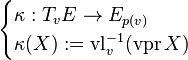 \begin{cases}\kappa:T_vE\to E_{p(v)} \\ \kappa(X):=\operatorname{vl}_v^{-1}(\operatorname{vpr}X) \end{cases}