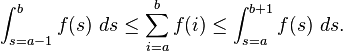 \int_{s=a-1}^{b} f(s)\ ds \le \sum_{i=a}^{b} f(i) \le \int_{s=a}^{b+1} f(s)\ ds.