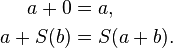 \begin{align}
a + 0       &= a ,\\
a + S (b) &= S (a + b).
\end{align}