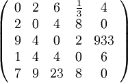 \left(\begin{array}{ccccc} 0 & 2 & 6 & \frac{1}{3} & 4\\2 & 0 & 4 & 8 & 0\\ 9 & 4 & 0 & 2 & 933\\
1 & 4 & 4 & 0 & 6\\ 7 & 9 & 23 & 8 & 0\end{array}\right)