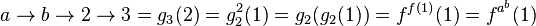 a \to b \to 2 \to 3 = g_3(2) = g_2^2(1) = g_2(g_2(1)) = f^{f(1)}(1) = f^{a^b}(1)