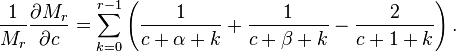 \frac{1}{M_r} \frac{\partial M_r}{\partial c}= \sum_{k = 0}^{r - 1} \left(\frac{1}{c + \alpha + k} + \frac{1}{c + \beta +k }- \frac{2}{c + 1 + k}\right).