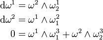 
\begin{align}
\mathrm{d}\omega^1 & =\omega^2\wedge\omega_2^1\\
\mathrm{d}\omega^2 & =\omega^1\wedge\omega_1^2\\
0 & =\omega^1\wedge\omega_1^3+\omega^2\wedge\omega_2^3
\end{align}
