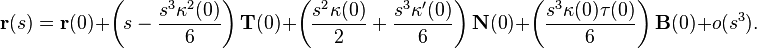 \mathbf r(s) = \mathbf r(0) + \left(s-\frac{s^3\kappa^2(0)}{6}\right)\mathbf T(0) + \left(\frac{s^2\kappa(0)}{2}+\frac{s^3\kappa'(0)}{6}\right)\mathbf N(0) + \left(\frac{s^3\kappa(0)\tau(0)}{6}\right)\mathbf B(0) + o(s^3).