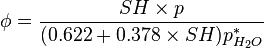  \phi = {{SH \times p}\over {(0.622+0.378 \times SH) p^*_{H_2O}}} 