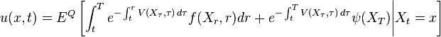  u(x,t) = E^Q\left[ \int_t^T e^{-  \int_t^r V(X_\tau,\tau)\, d\tau}f(X_r,r)dr + e^{-\int_t^T V(X_\tau,\tau)\, d\tau}\psi(X_T) \Bigg| X_t=x \right] 