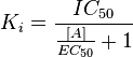  K_i = \frac{IC_{50}}{\frac{[A]}{EC_{50}}+1} 