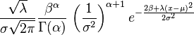 \frac {\sqrt{\lambda}} {\sigma\sqrt{2\pi} }  \frac{\beta^\alpha}{\Gamma(\alpha)} \, \left( \frac{1}{\sigma^2} \right)^{\alpha + 1}   e^{ -\frac { 2\beta + \lambda(x - \mu)^2} {2\sigma^2}  } 