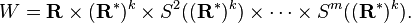 W = \mathbf R \times (\mathbf R^*)^k \times S^2( (\mathbf R^*)^k) \times \cdots \times S^{m} ( (\mathbf R^*)^k).