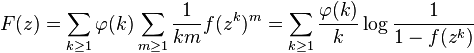 
F(z) = \sum_{k\ge 1} \varphi(k) \sum_{m\ge 1} \frac{1}{km} f(z^k)^m =
\sum_{k\ge 1} \frac{\varphi(k)}{k} \log \frac{1}{1-f(z^k)}