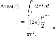 \begin{align}
 \mathrm{Area}(r) &{}= \int_0^{r} 2 \pi t \, dt \\
                  &{}= \left[ (2\pi) \frac{t^2}{2} \right]_{t=0}^{r}\\
                  &{}= \pi r^2.
\end{align} 