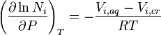  \left(\frac{\partial \ln N_i}{\partial P} \right)_T = -\frac{V_{i,aq}-V_{i,cr}} {RT} 