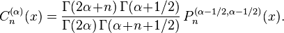 C_n^{(\alpha)}(x) = \frac{\Gamma(2\alpha\!+\!n)\,\Gamma(\alpha\!+\!1/2)}
{\Gamma(2\alpha)\,\Gamma(\alpha\!+\!n\!+\!1/2)}\! \  P_n^{(\alpha-1/2, \alpha-1/2)}(x).