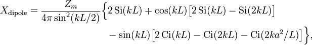 \begin{align}
X_\mathrm{dipole} &= \frac{Z_m}{ 4 \pi \sin^2(kL/2)} \Big\{
  2 \operatorname{Si}(kL) + \cos(kL)\big[ 2 \operatorname{Si}(kL) - \operatorname{Si}(2kL) \big] \\
 &\qquad\qquad\qquad\qquad - \sin(kL)\big[ 2 \operatorname{Ci}(kL) - \operatorname{Ci}(2kL) - \operatorname{Ci}(2ka^2/L) \big]
\Big\},
\end{align}