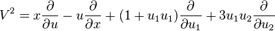  V^{2} = x \frac{\partial}{\partial u} - u \frac{\partial}{\partial x} + (1 + u_{1}u_{1})\frac{\partial}{\partial u_{1}} + 3u_{1}u_{2}\frac{\partial}{\partial u_{2}} \, 