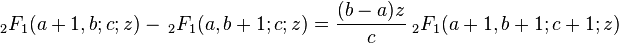  \; {}_2F_1(a+1,b;c;z)- \, {}_2F_1(a,b+1;c;z) = \frac{(b-a)z}{c} \; {}_2F_1(a+1,b+1;c+1;z)