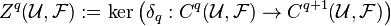 Z^q(\mathcal{U}, \mathcal{F}) := \ker \left( \delta_q : C^q(\mathcal U, \mathcal F) \to  C^{q+1}(\mathcal{U}, \mathcal{F}) \right)