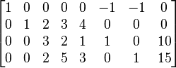 
  \begin{bmatrix}
    1 & 0 & 0 & 0 & 0 & -1 & -1 &  0 \\  
    0 & 1 & 2 & 3 & 4 &  0 &  0 &  0 \\   
    0 & 0 & 3 & 2 & 1 &  1 &  0 & 10 \\
    0 & 0 & 2 & 5 & 3 &  0 &  1 & 15
  \end{bmatrix}
