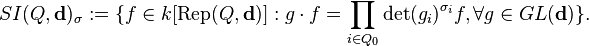 SI(Q,\mathbf{d})_{\sigma}:= \{f\in k[\operatorname{Rep}(Q,\mathbf{d})] : g\cdot f = \prod_{i\in Q_0}\det(g_i)^{\sigma_i} f, \forall g\in GL(\mathbf{d})\}.