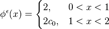 
\phi^\epsilon (x)=\begin{cases} 2, &  0 < x < 1 \\ 2c_0, & 1 < x < 2 
 \end{cases}
