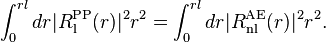 \int_{0}^{rl}dr|R_{\rm l}^{\rm PP}(r)|^2r^2=\int_{0}^{rl}dr|R_{\rm nl}^{\rm AE}(r)|^2r^2.