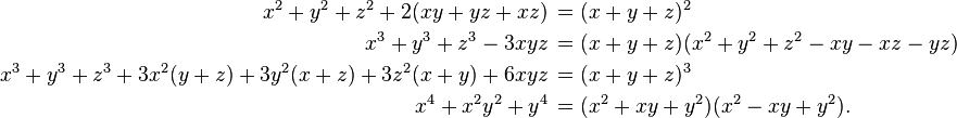 
\begin{align}
 x^2 + y^2 + z^2 + 2(xy +yz+xz)\, & = (x + y+ z)^2 \\
 x^3 + y^3 + z^3 - 3xyz \,& = (x + y + z)(x^2 + y^2 + z^2 - xy - xz - yz)\\
 x^3 + y^3 + z^3 + 3x^2(y + z) +3y^2(x+z) + 3z^2(x+y) + 6xyz \,& = (x + y+z)^3 \\
 x^4 + x^2y^2 + y^4 \,& = (x^2 + xy+y^2)(x^2 - xy + y^2).
\end{align}
