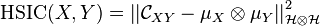  \text{HSIC}(X, Y) = \left| \left| \mathcal{C}_{XY} - \mu_X \otimes \mu_Y  \right| \right|_{\mathcal{H} \otimes \mathcal{H}}^2 