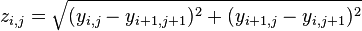 
z_{i,j} = \sqrt{(y_{i,j} - y_{i+1,j+1})^2 + (y_{i+1,j} - y_{i, j+1})^2  } 
