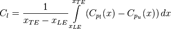 C_l=\frac{1}{x_{TE}-x_{LE}}\int\limits_{x_{LE}}^{x_{TE}}\left(C_{p_l}(x)-C_{p_u}(x)\right)dx