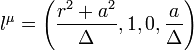 l^\mu = \left(\frac{r^2 + a^2}{\Delta},1,0,\frac{a}{\Delta}\right)