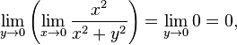 
\lim_{y\to0} \left( \lim_{x\to0} \frac{x^2}{x^2+y^2} \right) = \lim_{y\to0} 0 = 0,
