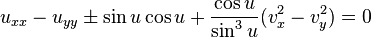 \displaystyle u_{xx}-u_{yy}\pm \sin u \cos u +\frac{\cos u}{\sin^3 u}(v_x^2-v_y^2)=0