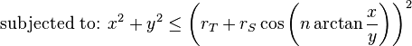 \text{subjected to: }  x^2+y^2\le\left(r_{T}+r_{S}\cos\left(n \arctan \frac{x}{y} \right)\right)^2