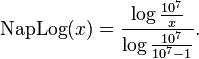 \mathrm{NapLog}(x) = \frac{\log \frac{10^7}{x}}{\log \frac{10^7}{10^7 - 1}}.