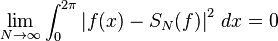 \lim_{N\rightarrow\infty}\int_0^{2\pi}\left|f(x)-S_N(f)
\right|^2\,dx=0