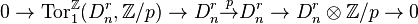 0 \to \operatorname{Tor}_1^{\mathbb{Z}}(D_n^r, \mathbb{Z}/p) \to D_n^r \overset{p}\to D_n^r \to D_n^r \otimes \mathbb{Z}/p \to 0