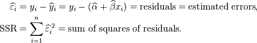 
\begin{align}
\widehat\varepsilon_i & = y_i - \widehat y_i = y_i - (\widehat\alpha + \widehat\beta x_i) = \text{residuals} = \text{estimated errors}, \\
\text{SSR} & = \sum_{i=1}^n \widehat\varepsilon_i^{\;2} = \text{sum of squares of residuals}.
\end{align}
