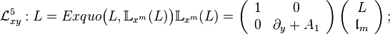 {\mathcal L}_{xy}^5: L=Exquo\big(L,\mathbb{L}_{x^m}(L)\big)\mathbb{L}_{x^m}(L)=
    \left(\begin{array}{cc}  1  &  0\\ 0  &  \partial_y+A_1\end{array}\right)
    \left(\begin{array}{c} L\\ {\mathfrak l}_m\end{array}\right);